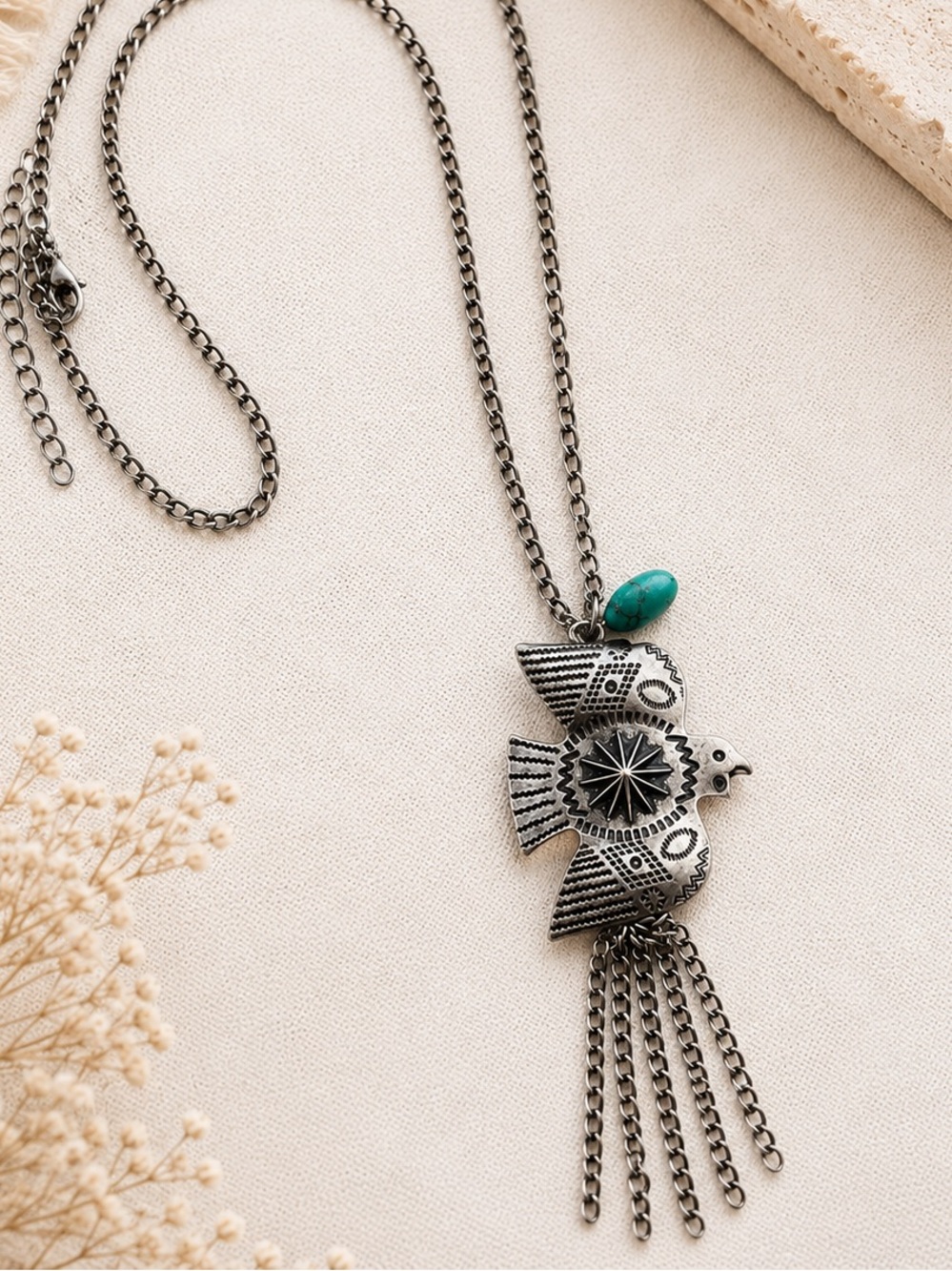 Boho Southwestern Thunderbird Necklace with Turquoise Accent